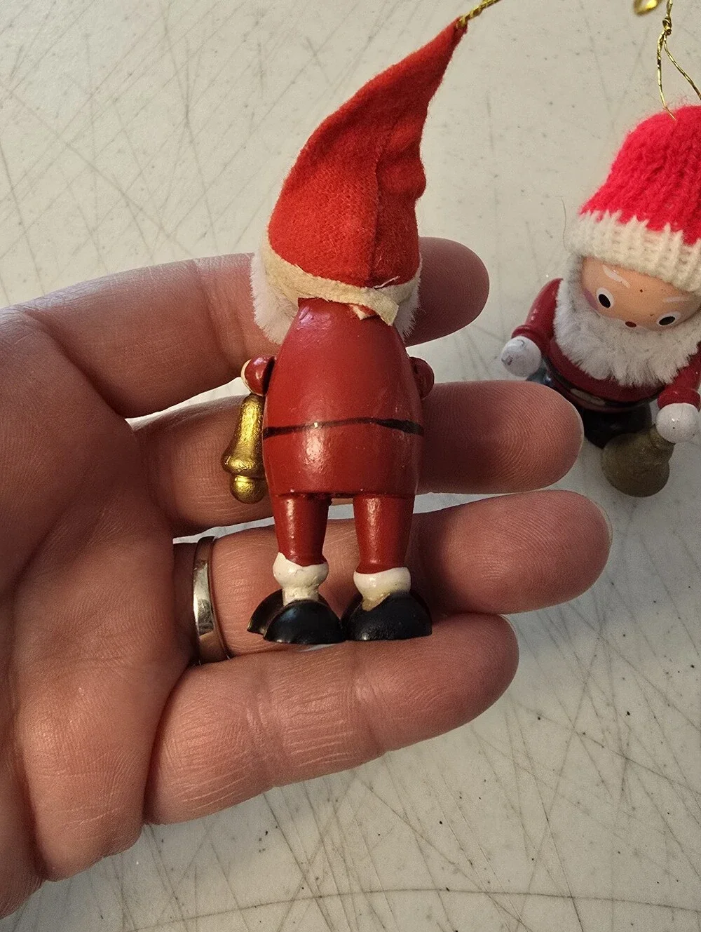 2 Small Vintage Wooden Santa Clauses with Bells Handpainted Christmas Ornaments